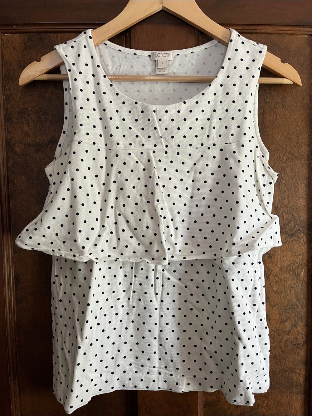 J. Crew White Sleeveless Peplum Tank with Navy Polka Dots